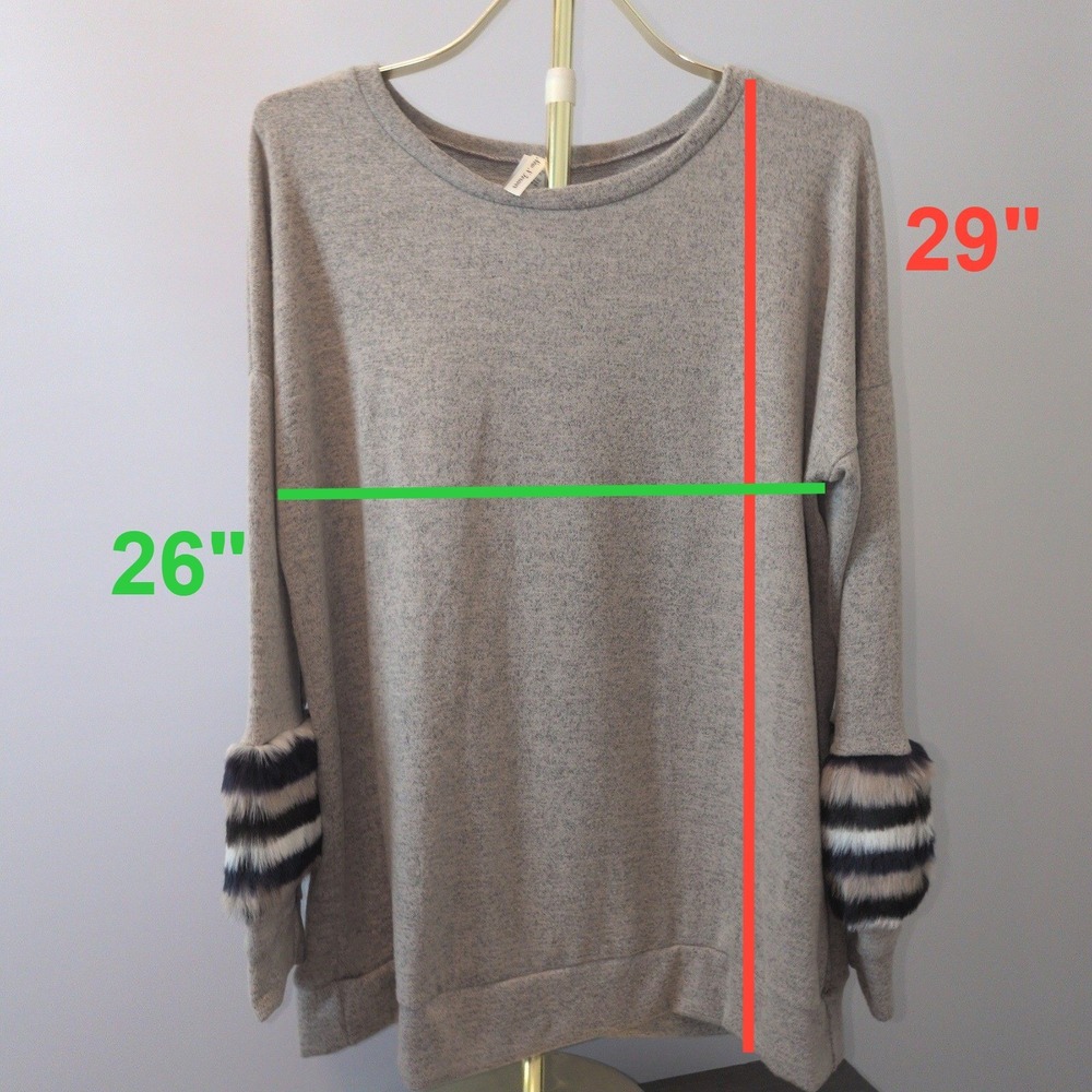 Plus Size NowNForever Tunic Top Women 1X Gray Faux Fur Striped Cuff Long Sleeve - Picture 2 of 8